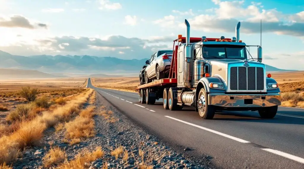 Flatbed tow truck hauling a sedan on the interstate under a clear Ohio sky, representing Akron long distance towing.