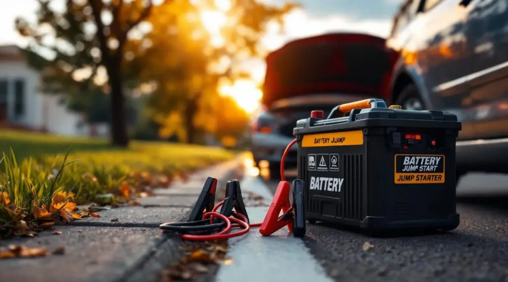 A professional tow operator connecting heavy-duty jumper cables to a dead car battery on a cold evening in Akron.