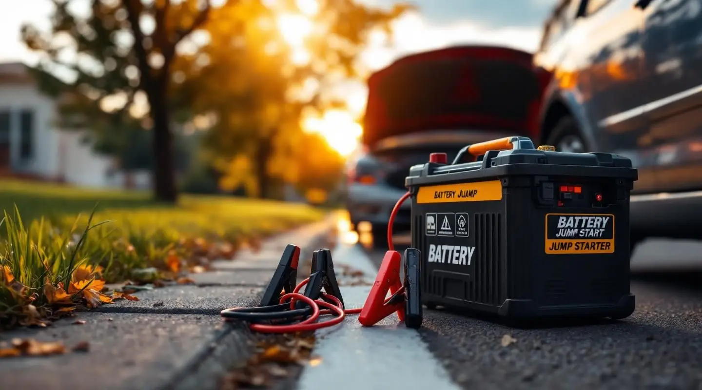 A Cuyahoga Towing technician connecting professional jumper cables to a stranded vehicle's battery in Akron, Ohio.