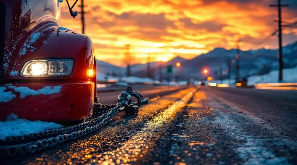 Flatbed tow truck parked on an Akron road shoulder at dusk, amber emergency lights casting a warm glow on wet pavement.