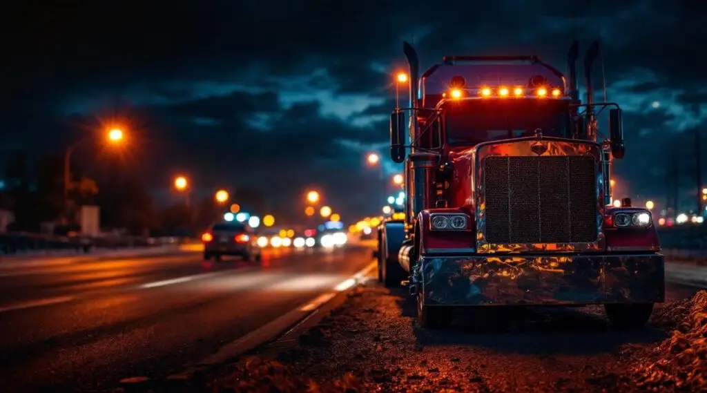 A Cuyahoga Towing flatbed truck loading a disabled sedan under streetlights along an Akron highway at night.