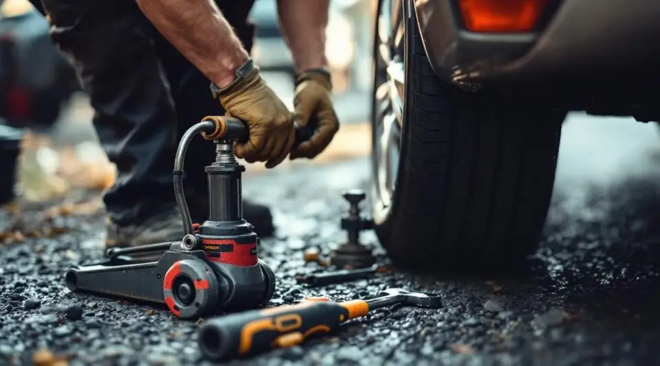Professional tow operator in high-visibility safety gear using a hydraulic jack to change a flat tire roadside in Akron