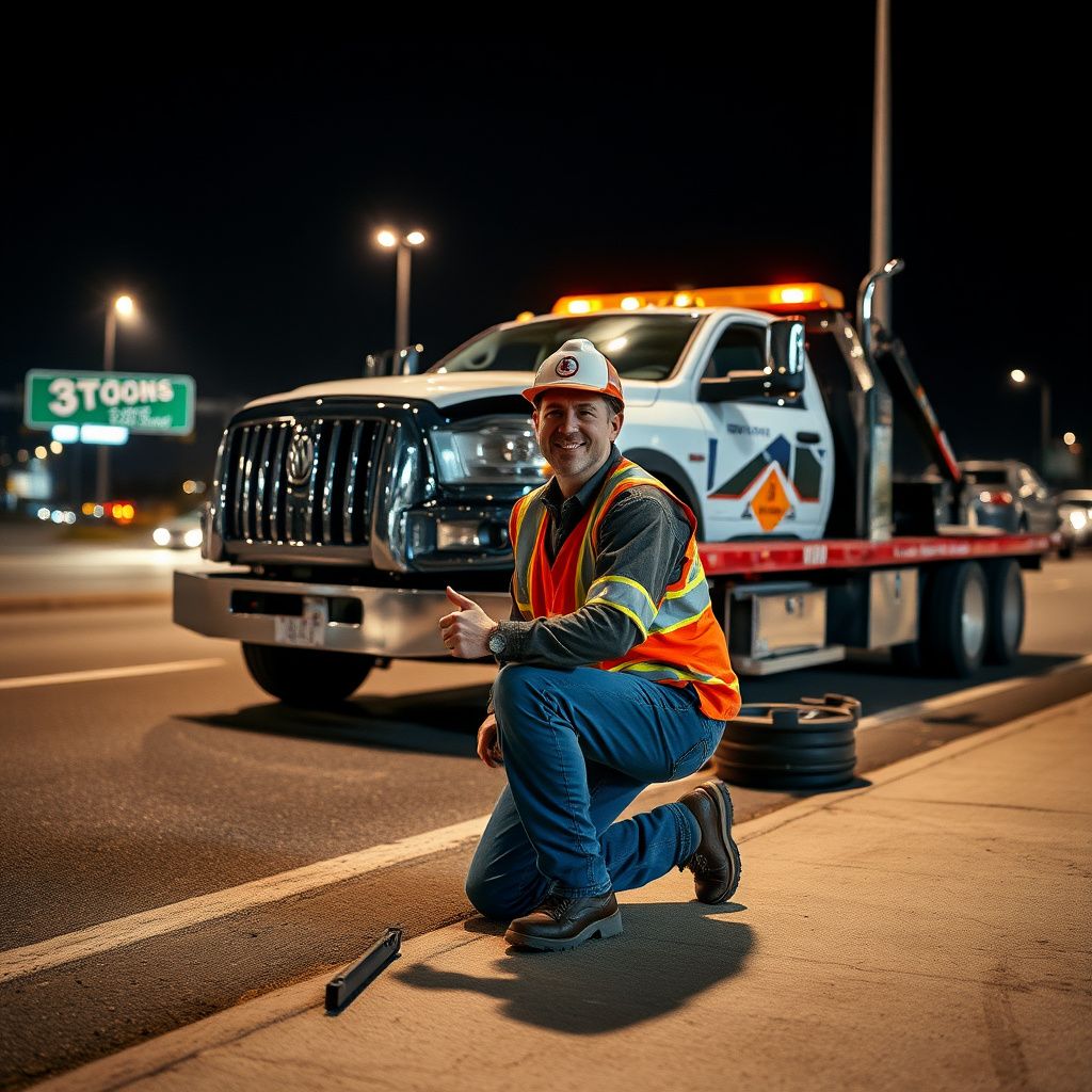A tow truck operator wearing high-visibility safety gear preparing to load a vehicle in Kent, Ohio.