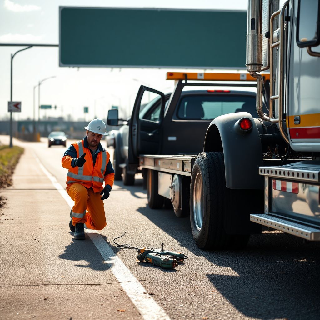 A clean, modern flatbed tow truck parked safely on the shoulder of a road in Green, Ohio, with safety lights flashing.