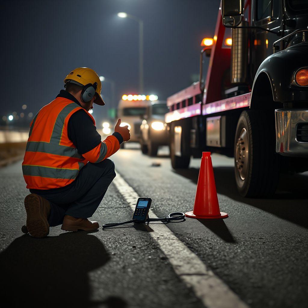 A clean, modern flatbed tow truck parked safely under a streetlamp on a quiet Alliance street at dusk