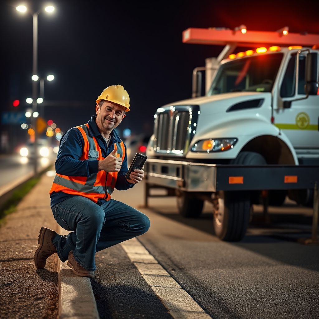 A professional tow truck operator in high-visibility safety gear checking the securement straps on a flatbed trailer in Stow, Ohio.