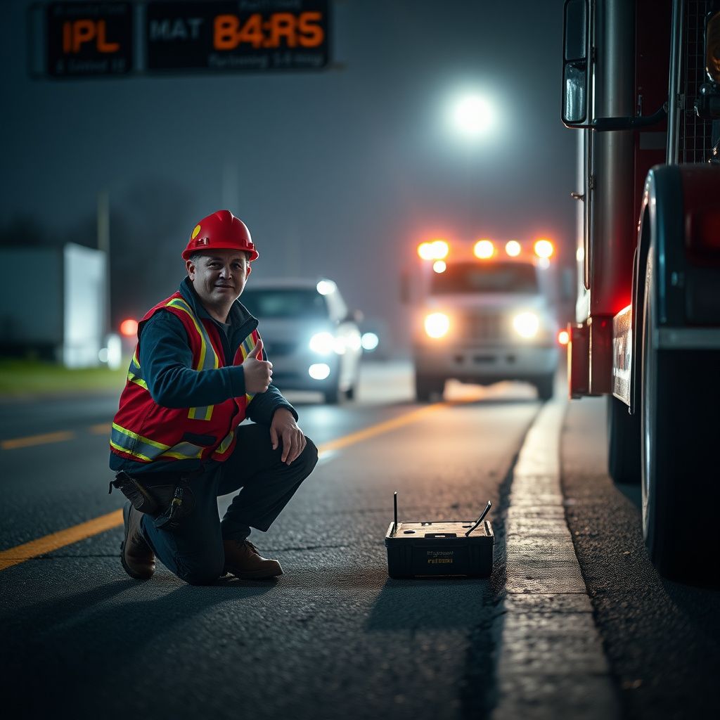 A professional tow operator in high-visibility safety gear preparing a flatbed tow truck in Ravenna, Ohio.