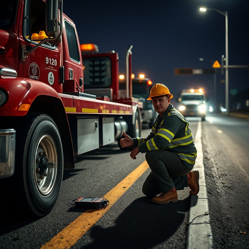 A professional tow truck operator secured in safety gear operating a flatbed winch in Hudson, Ohio.